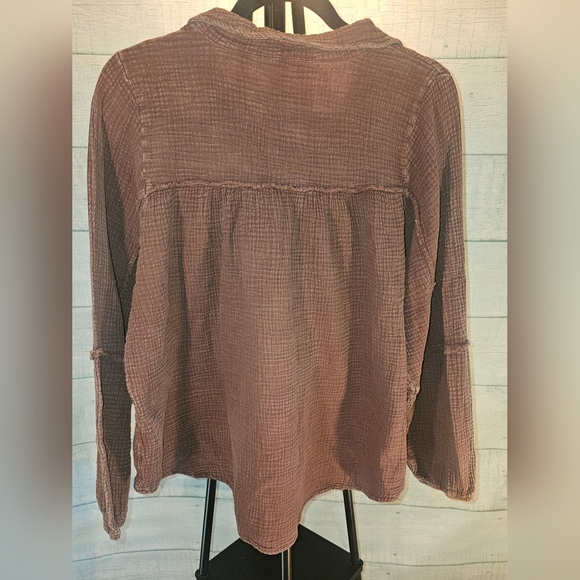 Easel Burgundy Gauze Long Sleeve Babydoll Collared Medium Top - Picture 2 of 9